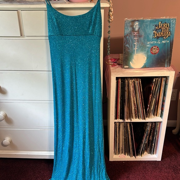 Vintage 90’s Y2K Glitter Slip Maxi Gown Blue Dress Column Rampage Iconic USA Hot - Picture 1 of 17